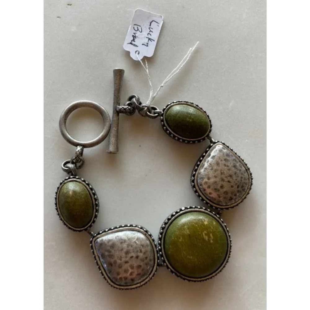 LUCKY BRAND Vintge Reversible Silver Tone Link Bracelet Toggle 8” Green Stones